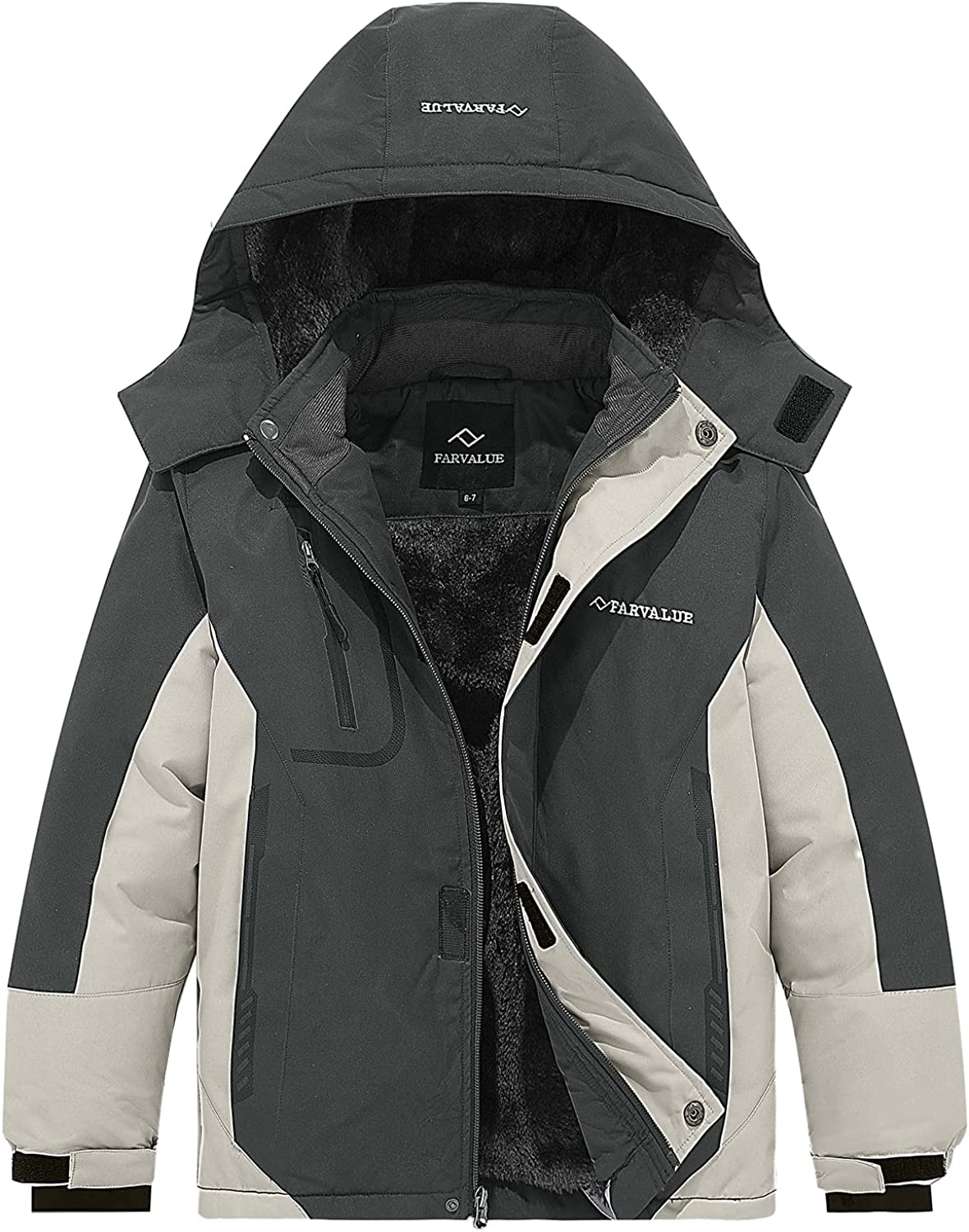 FARVALUE Boys Waterproof Ski Jacket Windproof Winter Coat Warm Snow Coat Outdoor Raincoats with Removable Hood